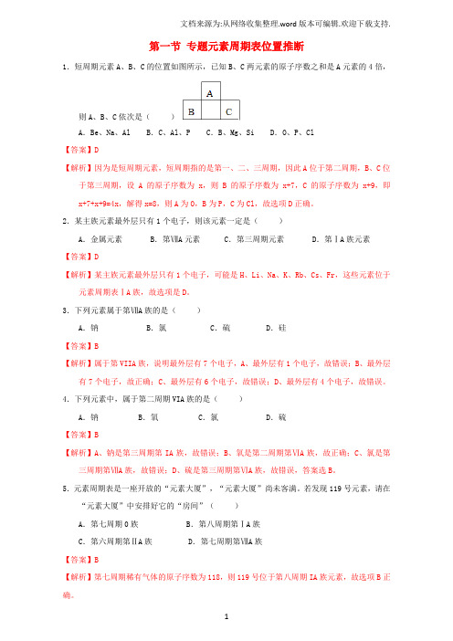 高一化学1_1_4专题元素周期表位置推断课时练习含解析