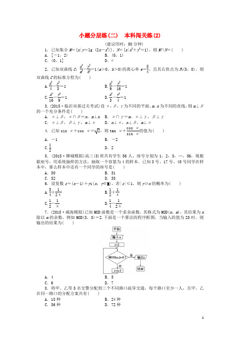 【优化方案】(山东专用)2016年高考数学二轮复习 小题分层练(二)理