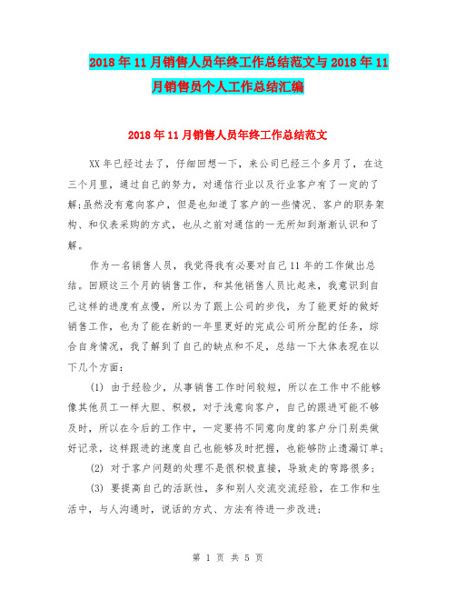 2018年11月销售人员年终工作总结范文与2018年11月销售员个人工作总结汇编.doc