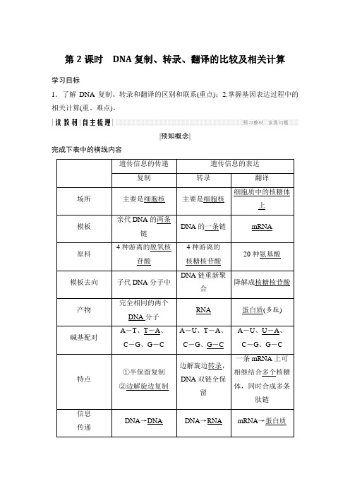 高中生物必修2精品学案：4.1.2 DNA复制、转录、翻译的比较及相关计算