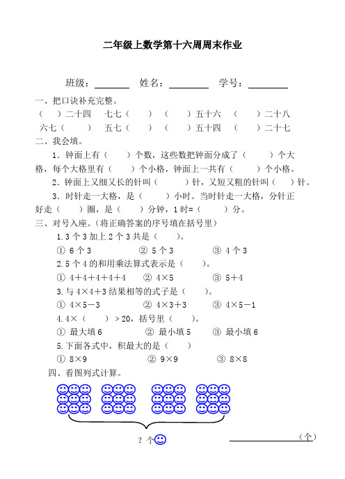 二年级上册数学试题：第16周周末作业(无答案,人教版)