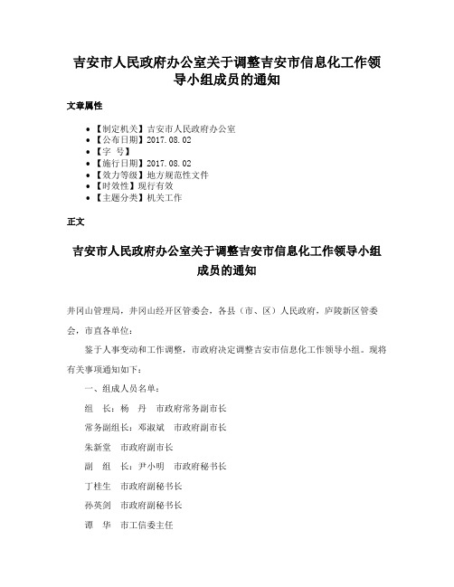 吉安市人民政府办公室关于调整吉安市信息化工作领导小组成员的通知