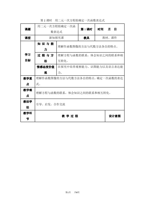 八年级数学沪科版 第12章  一次函数12.4.1  用二元一次方程组确定一次函数表达式【教学设计】