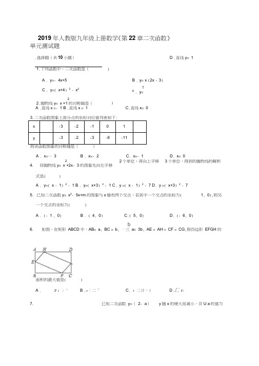 2019年新人教版九年级数学上册第22章《二次函数》单元测试题含答案