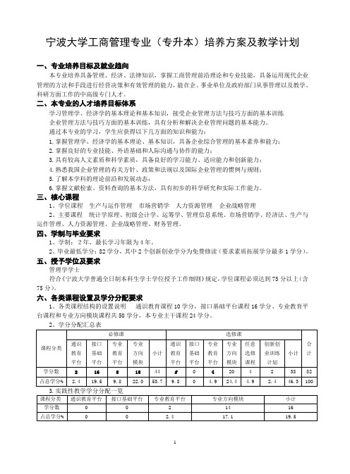 2012年宁波大学工商管理专业(专升本)培养方案及教学计划