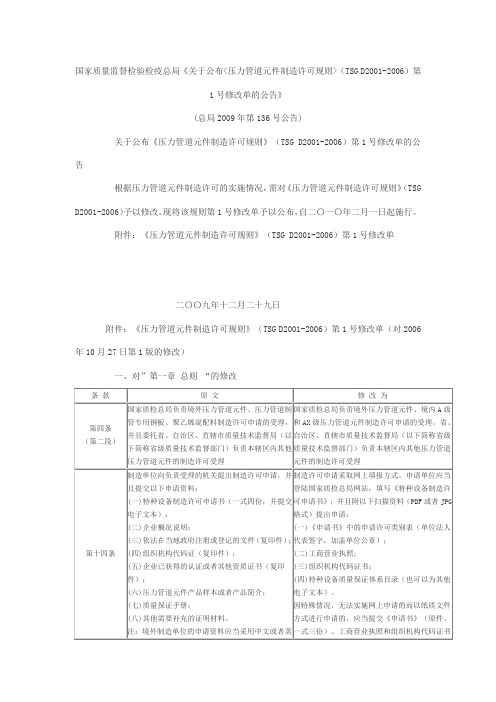 压力管道元件制造许可规则(TSG D2001-2006)第1号修改单的公告