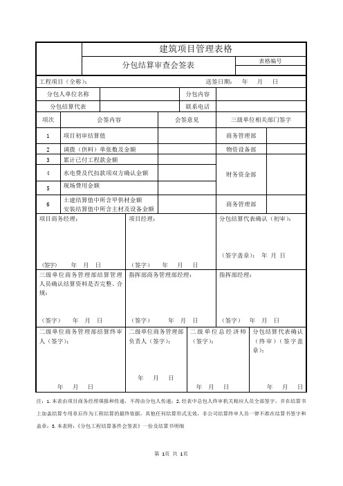 分包结算审查会签表