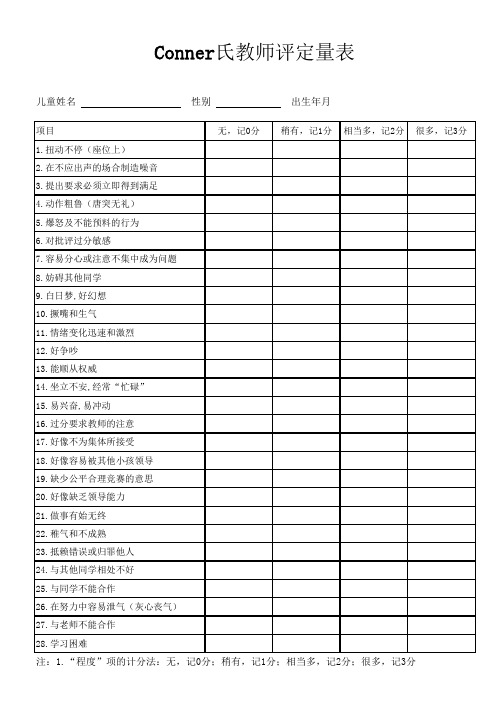 Conner氏教师评定量表