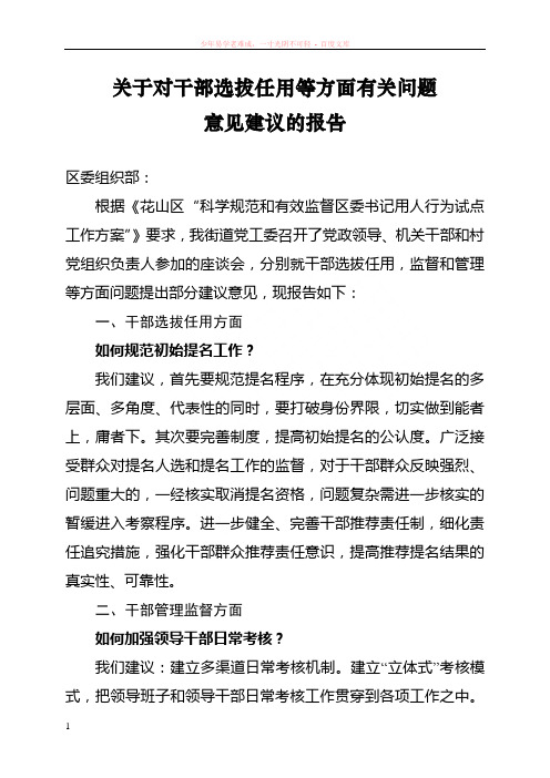 关于对干部选拔任用等方面有关问题意见建议的报告
