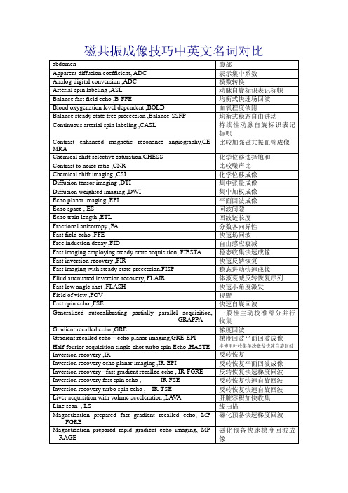 磁共振成像技术中英文名词对照