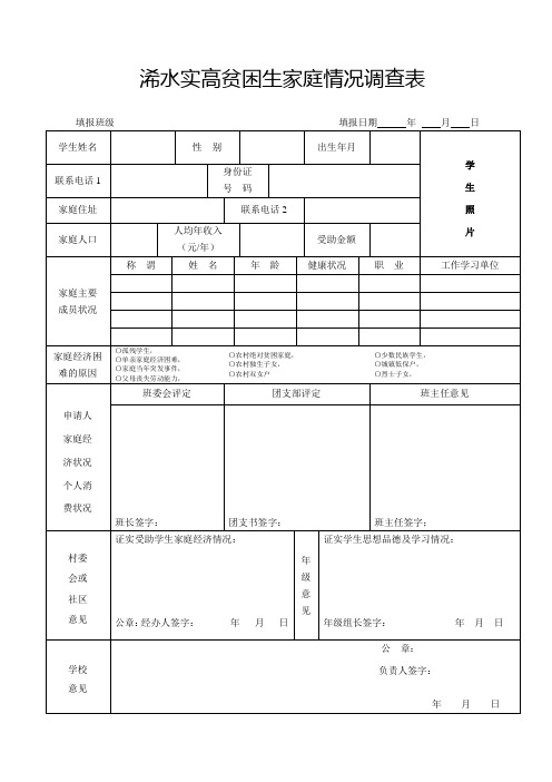 浠水实高贫困生家庭情况调查表