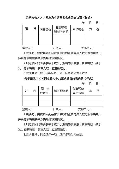 关于接收同志为中共预备党员的表决票(样式)