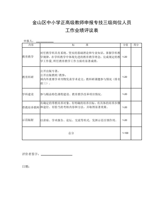 金山区中小学正高级教师申报专技三级岗位人员工作业绩评议表