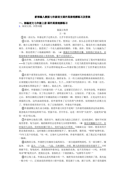 新部编人教版七年级语文课外阅读理解练习及答案