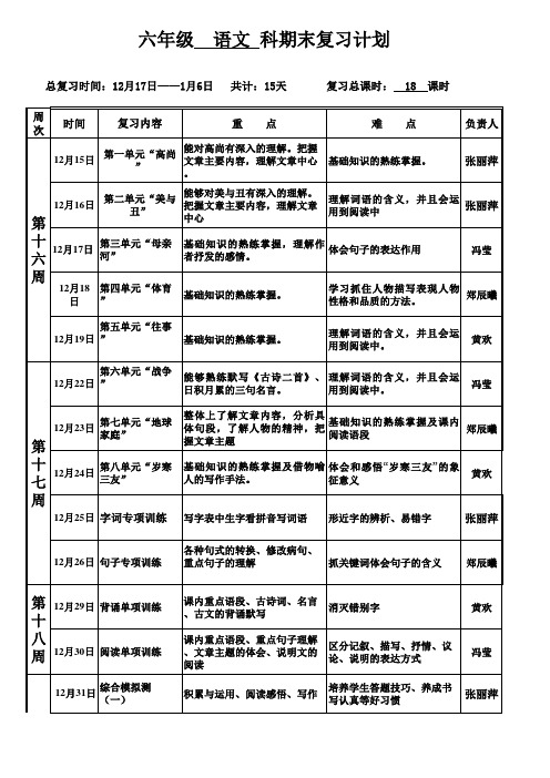 北师大六年级语文六年上复习计划  语文