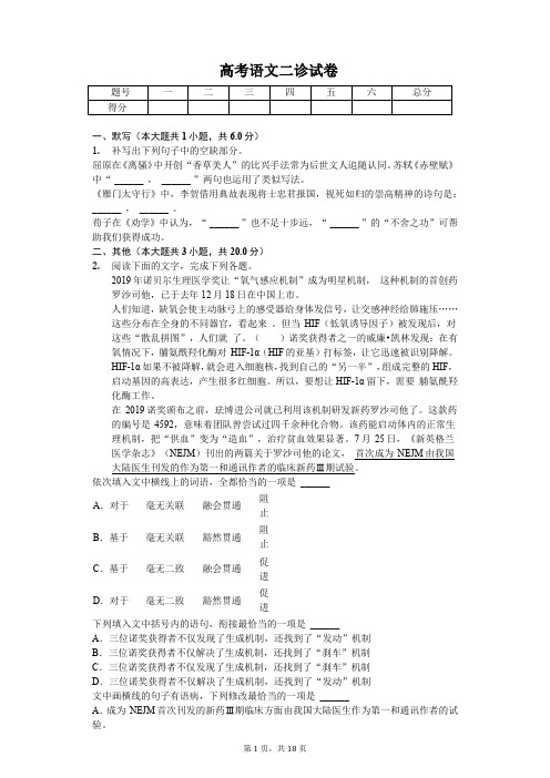 2020年四川省绵阳市高考语文二诊试卷  