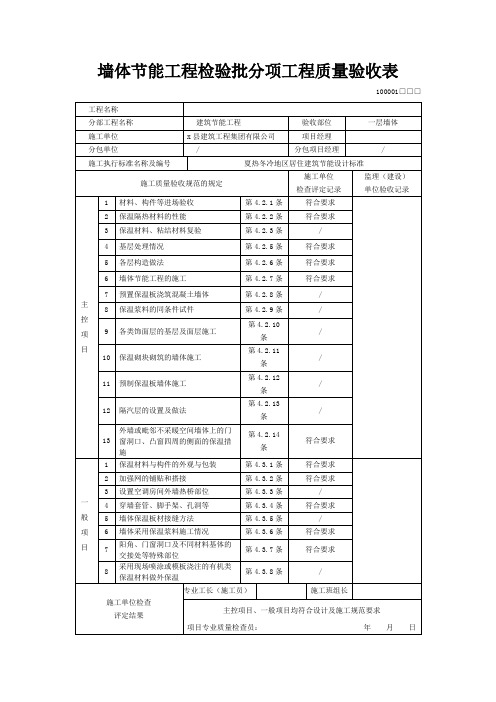 墙体节能工程检验批分项工程质量验收表