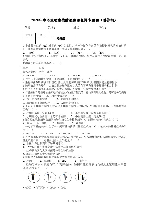 2020年中考生物生物的遗传和变异专题卷(附答案)