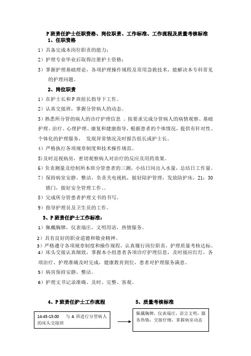 P班责任护士任职资格、岗位职责、工作标准、工作流程及质量考核标准