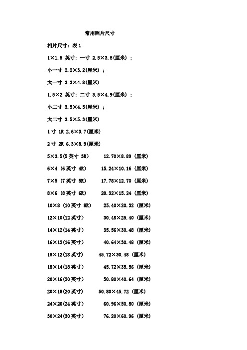 常用照片尺寸对照表