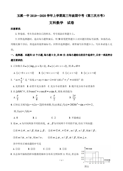 玉溪一中2019—2020学年上学期高三年级期中考(第三次月考)(试卷)文科数学