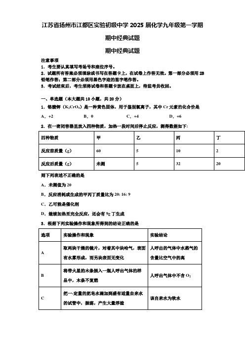 江苏省扬州市江都区实验初级中学2025届化学九年级第一学期期中经典试题含解析