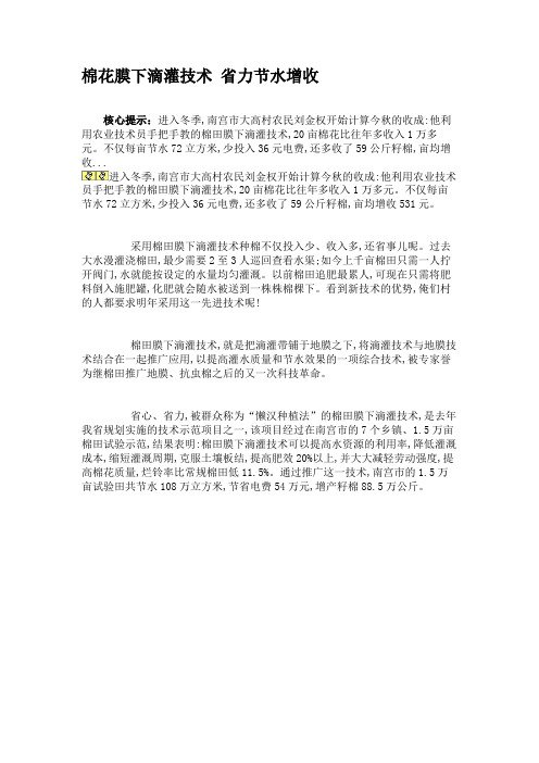 棉花膜下滴灌技术 省力节水增收.