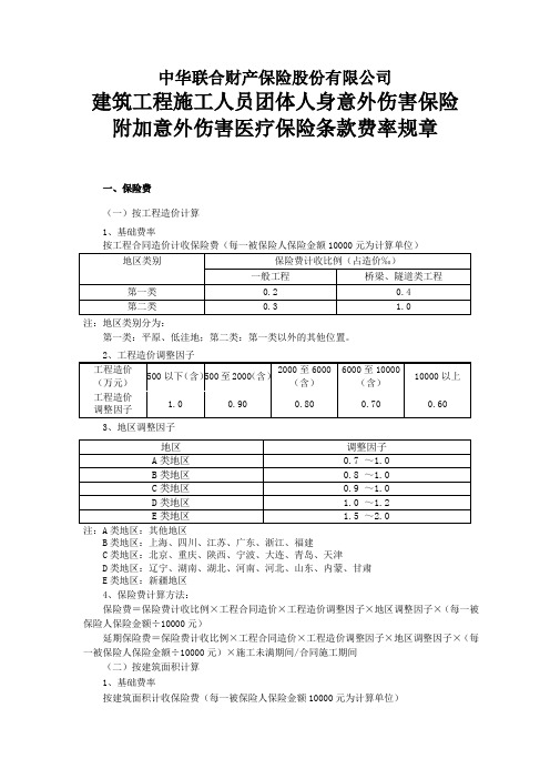 中华联合(备案)[2009]N206号-建筑工程施工人员团体人身意外伤害保险附加意外伤害医疗保险的费率