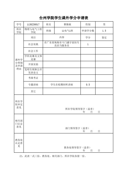 台州学院学生课外学分申请表+曹隆敢