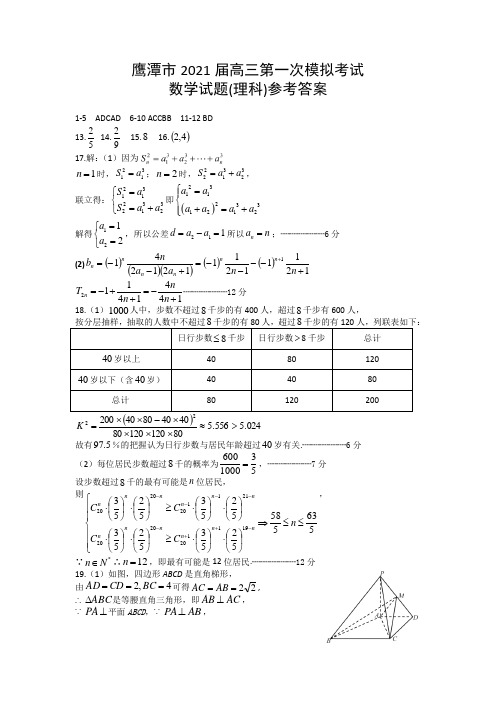 2021届江西省鹰潭市高考一模数学(理)答案