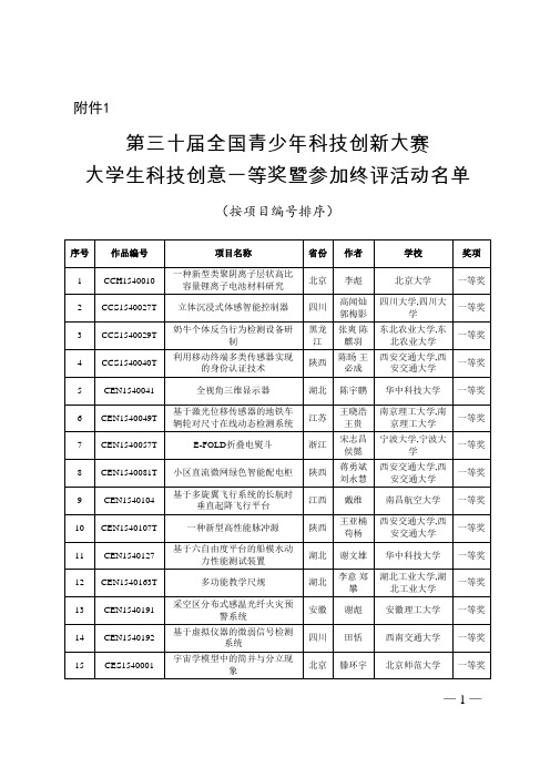 第三十届全国青少年科技创新大赛大学生科技创意一等奖暨参加终评