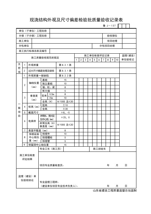 JJ137现浇结构外观及尺寸偏差检验批质量验收记录表