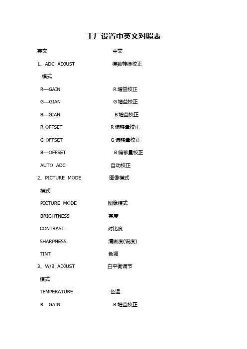 液晶电视工厂设置中英文对照