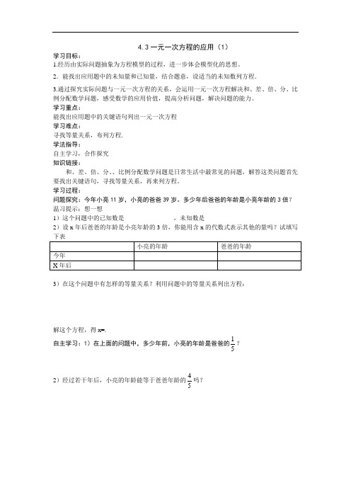 鲁教版数学六上4.3《一元一次方程的应用》精品学案1