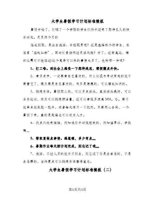 大学生暑假学习计划标准模板(三篇)