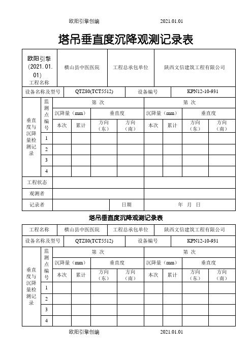 塔吊垂直度沉降观测记录表之欧阳引擎创编