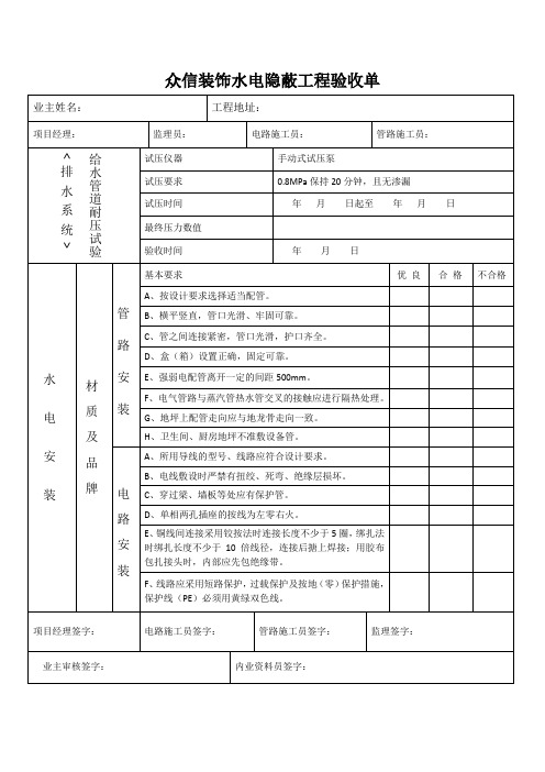 水电隐蔽工程验收单