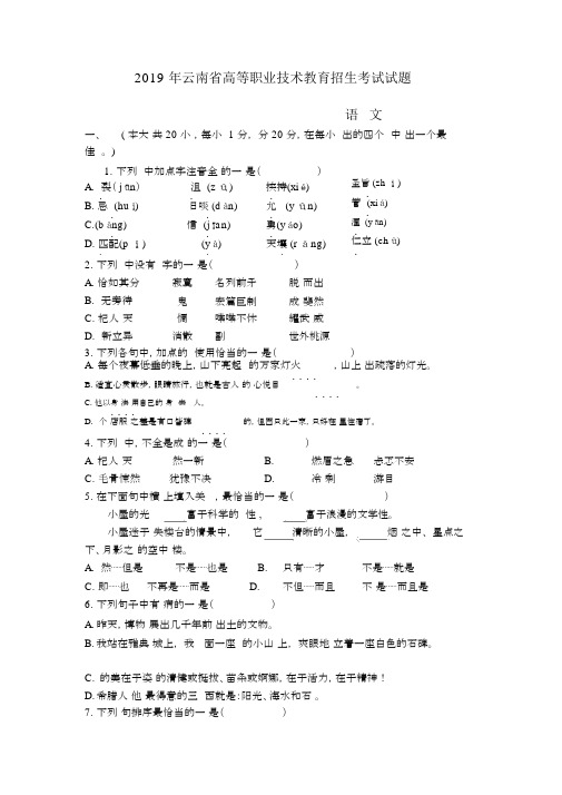 (完整word版)2019年云南省高等职业技术教育招生考试试题语文.doc