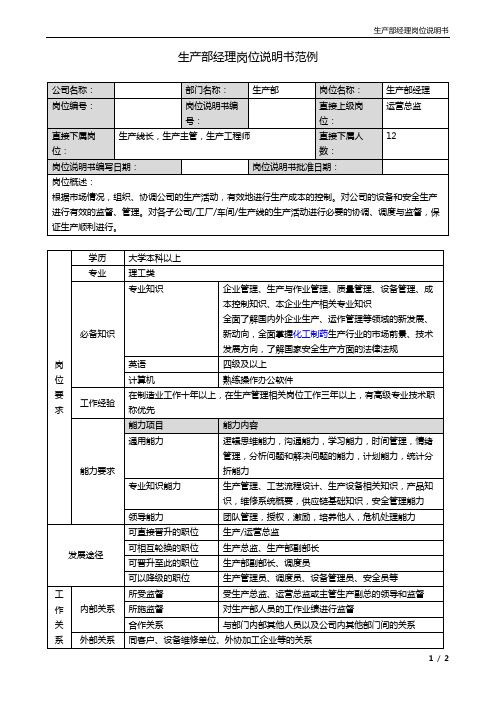 生产部经理岗位说明书范例