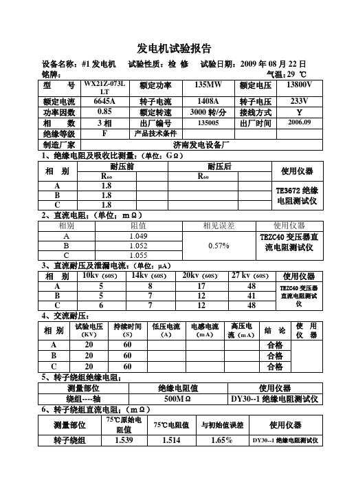 发电机试验报告