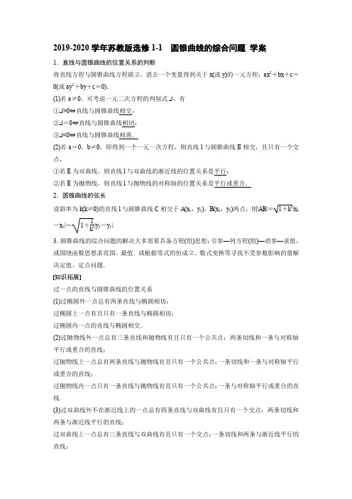 2019-2020学年苏教版选修1-1   圆锥曲线的综合问题  学案