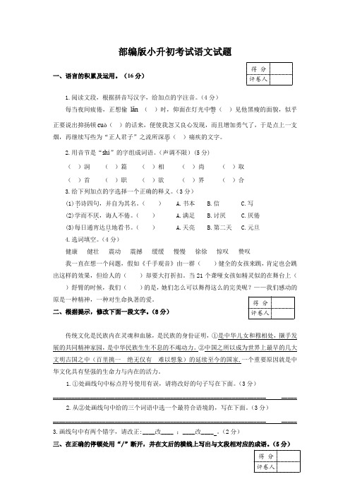 2020部编版小升初语文测试题含答案解析