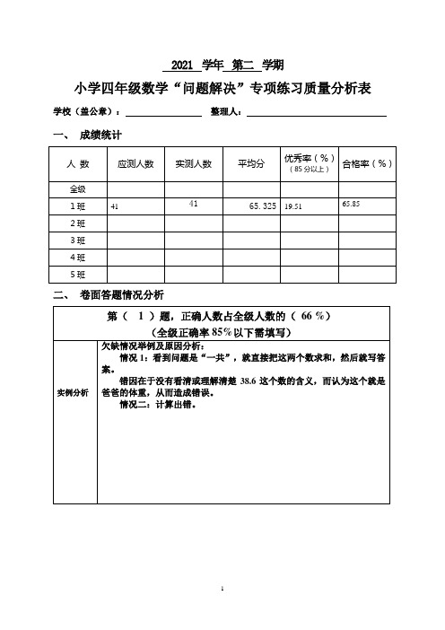 人教版小学数学四年级下学期期末考试质量分析表