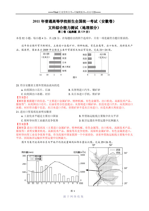 2011年高考安徽文综卷地理试题(WORD)(重绘图)(有解析)