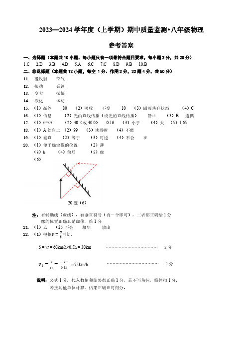 2023-2024学年度上学期期中质量监测八年级物理试题答案