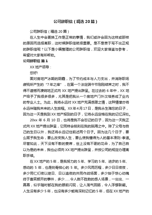 公司辞职信（精选20篇）