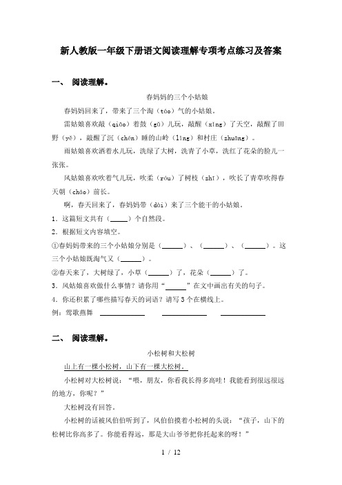 新人教版一年级下册语文阅读理解专项考点练习及答案