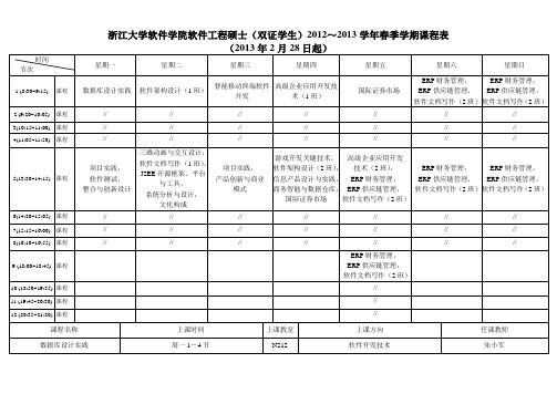 浙江大学软件学院软件工程硕士(双证学生)2012～2013学年春季学期课程表