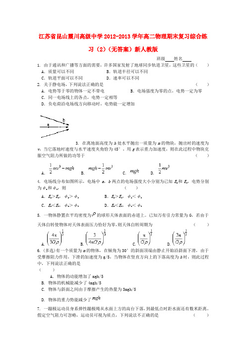 江苏省昆山震川高级中学高二物理期末复习综合练习(2)(无答案)新人教版