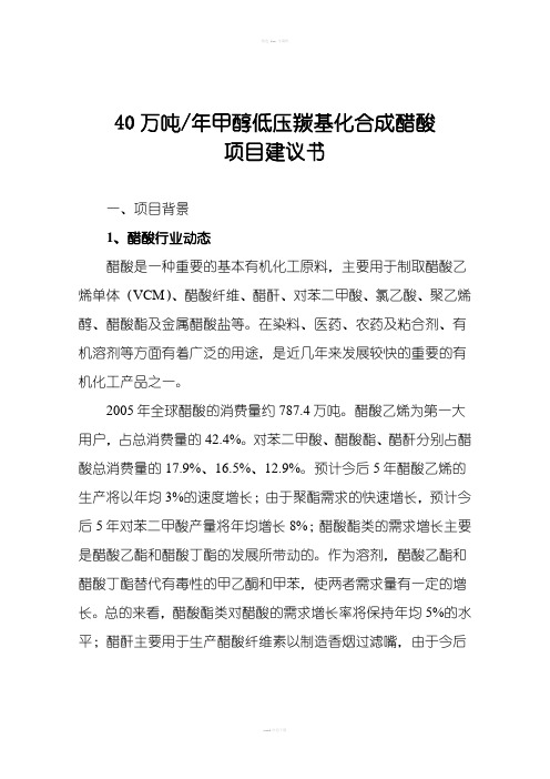 年产40万吨甲醇低压羰基化合成醋酸项目建议书